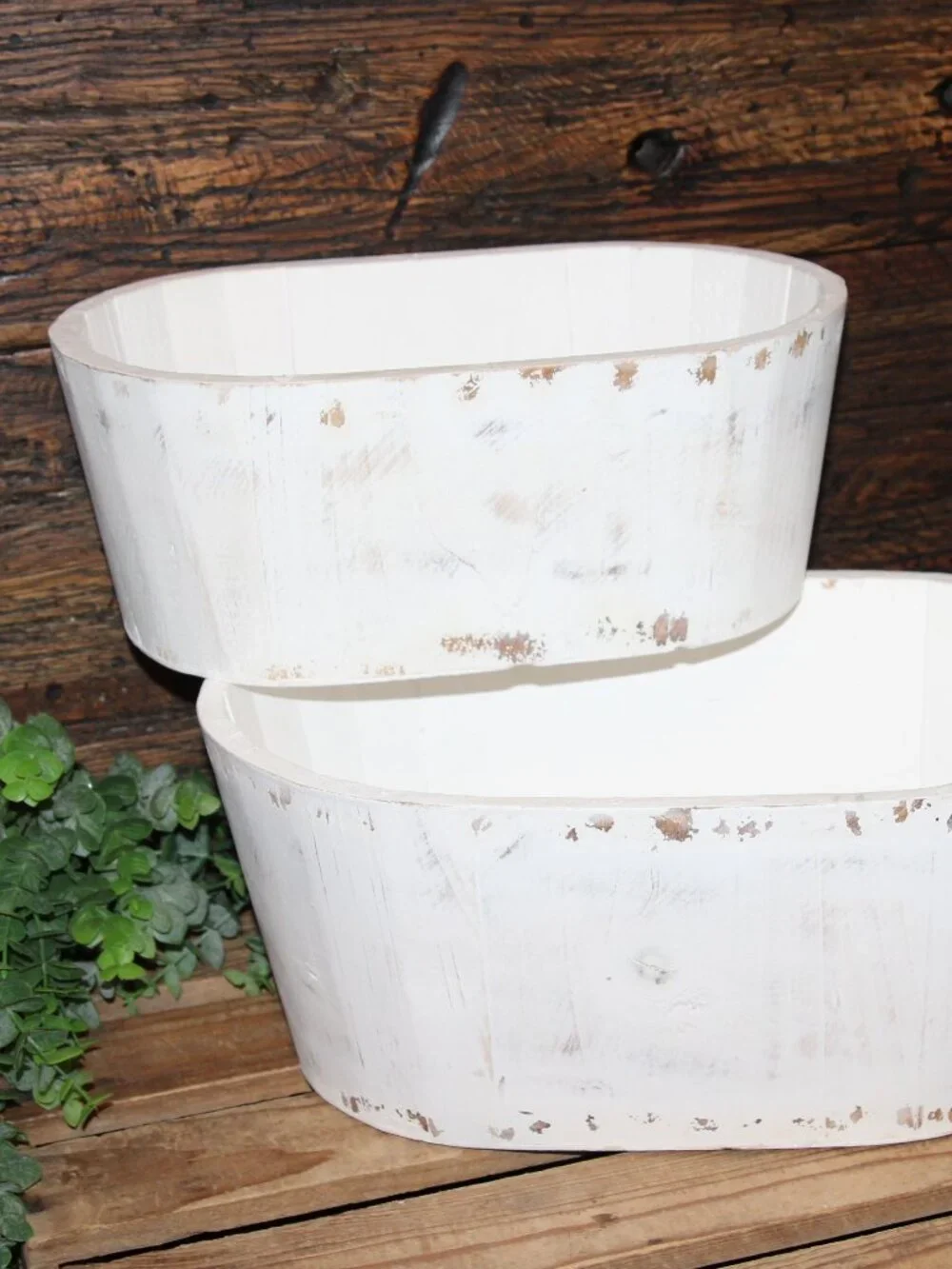 Pair of Large White Shabby Distressed Oval Wood Farmhouse Planter Buckets